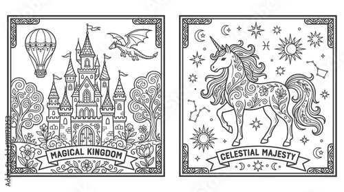 Magical kingdom castle and celestial unicorn vector illustration, black and white fantasy line art, whimsical decorative artwork for coloring pages, creative children’s projects, and imaginative desig