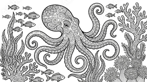 Intricate octopus vector illustration, black and white underwater line art, decorative patterned tentacles, surrounded by fish, coral, seaweed, marine life artwork for coloring pages and creative proj