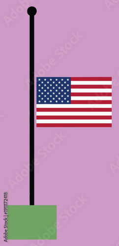 United States of America flag with stars and stripes flying at half-mast on a flagpole as a patriotic symbol of national mourning remembrance and respect for fallen soldiers or tragedy.