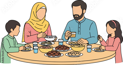 Muslim family enjoying an Iftar meal together, with a variety of traditional foods laid out on the table, during Ramadan