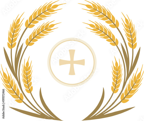 Circular religious emblem featuring golden wheat stalks forming a wreath around a central holy Eucharist host bread with a cross for catholic communion sacrament and faith symbol.
