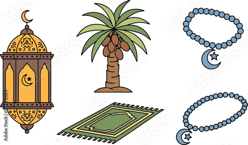 Collection of islamic symbols: lantern, palm tree, prayer rug, and prayer beads with moon and star.