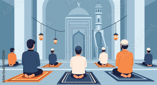Muslims performing daily prayers inside a mosque, facing the Mihrab, during the holy month of Ramadan, showcasing spiritual devotion and community worship