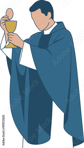 Catholic priest wearing blue vestment holding golden chalice and holy host for eucharist sacrament during religious mass worship ceremony representing body and blood of jesus christ.