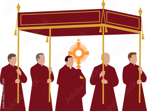 Catholic priest holding holy monstrance with blessed sacrament walking under red canopy carried by men in robes during traditional religious corpus christi procession worship event.