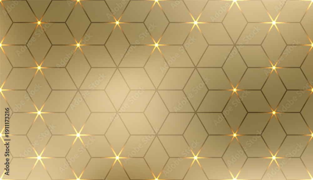 Obraz premium Luxury golden background with isometric rhombus pattern. Elegant geometric grid with glowing stars at intersections for premium holiday design. Rhombus flower of life geometry.