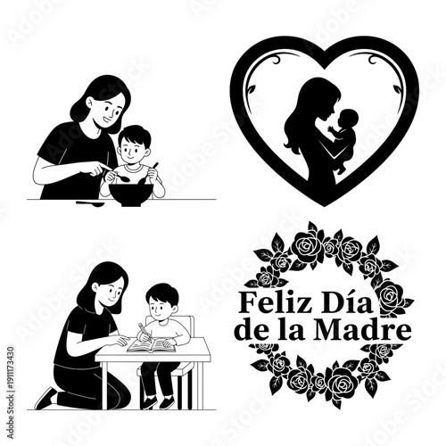 Dia de la Madre icon bundle with mother and child cooking scenes, mother holding baby silhouette badge, and floral Feliz Dia de la Madre wreath
