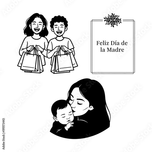Dia de la Madre bundle with arch mother and baby silhouette, floral women profile portraits, mother and daughter heart hands, and rose greeting