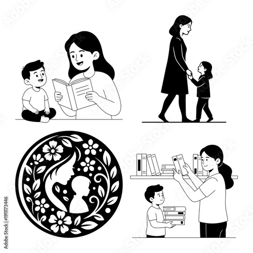 Dia de la Madre bundle with floral wreath greeting, mother and child bench heart pose, minimal rose typography, and warm mother hug silhouette