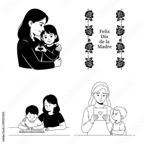 Dia de la Madre bundle with mom gardening with child, mother daughter hug, and floral MATER badge logo in black and white