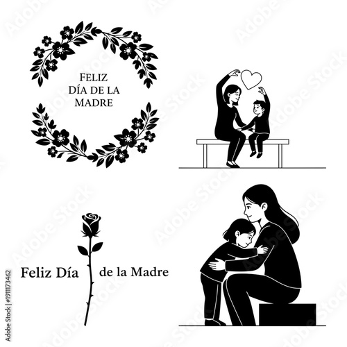 Dia de la Madre bundle with mother daughter hug heart gesture, rose border greeting text, mom helping homework, and kid giving love card