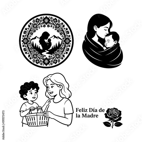Dia de la Madre bundle with mom reading to child, mother and kid walking hand in hand, floral mother and child emblem, and library help scene