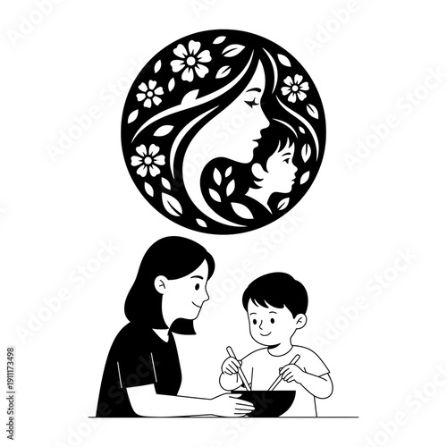 Dia de la Madre bundle with mother and son shopping bags, greeting card frame, and tender mother kissing sleeping baby portrait