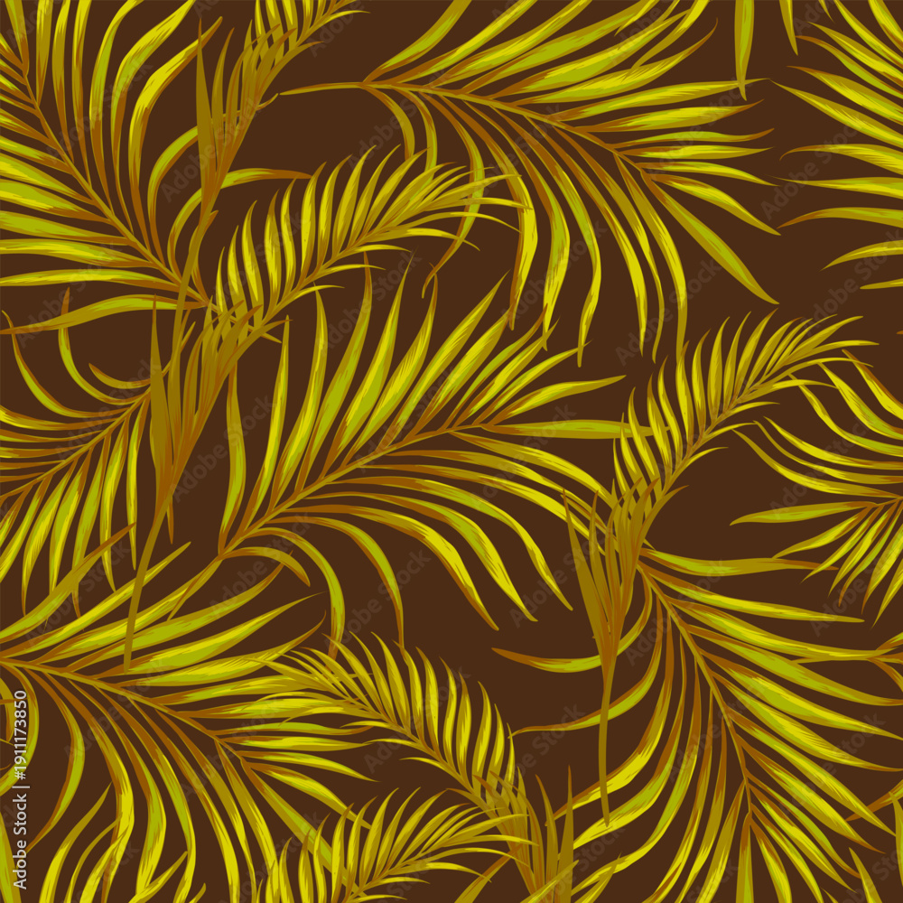 Fototapeta premium Green tropical palm leaves seamless vector pattern on the black background.Trendy summer print.