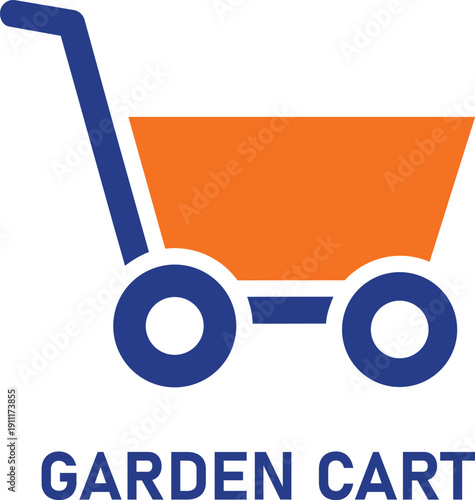 Vibrant orange garden cart icon with blue wheels and handle on white background for gardening or shopping concepts