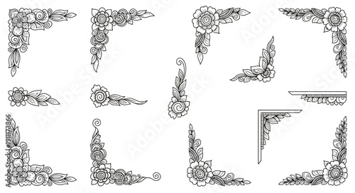 A set of hand drawn floral corner borders and decorative elements vector illustration