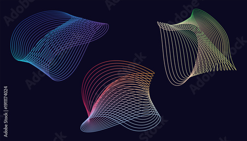 Set of abstract waves with gradient blending. Linear curved shapes for modern tech digital design. Smooth swirls, turnings and vortexes. Collection of contour weaves. Vector illustration
