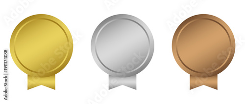 Metallic gold, silver and bronze award medals with ribbons for first second and third place