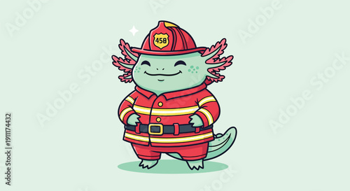 Adorable Axolotl Firefighter Cartoon Illustration.