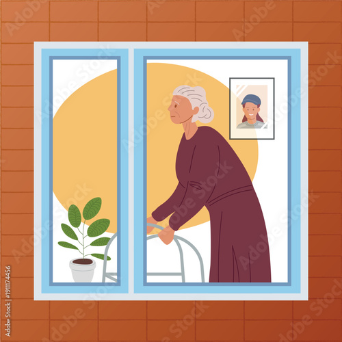 Abandoned lonely elderly. Lonely woman in window, forgotten by her family. Grandmother in her apartment. Vector illustration.