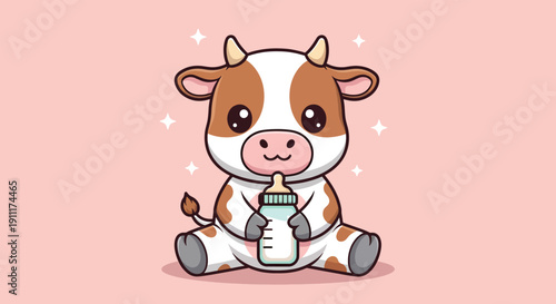 Adorable baby cow enjoying a milk bottle in a charming cartoon illustration.