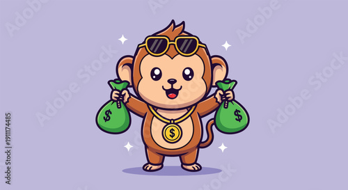 Adorable cartoon monkey wearing sunglasses and gold chain holding money bags.