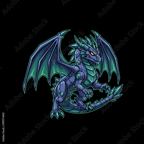 Detailed Illustration of a Fierce Blue and Green Dragon.