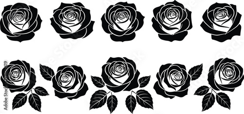 Black rose silhouette collection with detailed leaves, vintage floral vector set isolated on white background decorative design