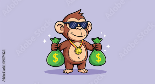 Cool Monkey with Sunglasses Holding Money Bags.