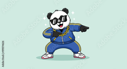 Cool Panda Doing Dab Dance Pose Wearing Sunglasses and Gold Chain Vector Illustration.