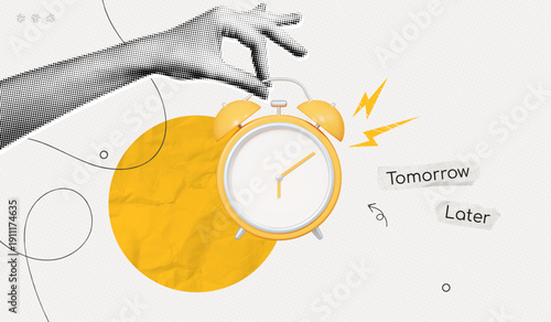 Trendy Halftone Collage Hand pointing yellow Alarm Clock with deadline. Personification of procrastination. Putting off important tasks for later. Time delay. Contemporary vector illustration art