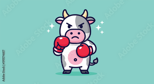 Cute Angry Cow Wearing Boxing Gloves Cartoon Vector Illustration.