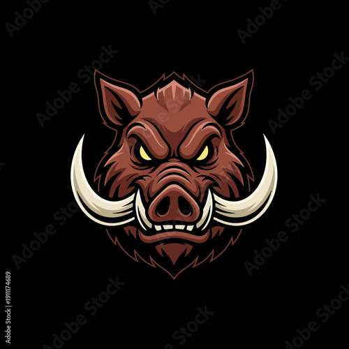 Fierce Wild Boar Head with Tusks Illustration.