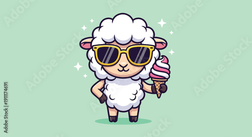 Cool Sheep with Sunglasses Eating Ice Cream.