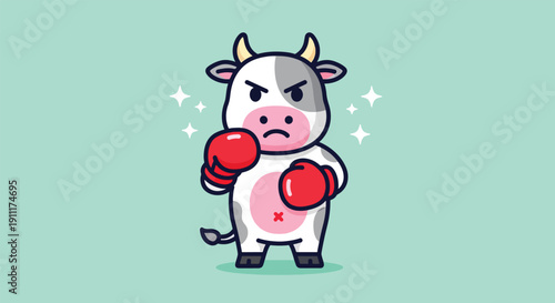 Cute Angry Cow Wearing Boxing Gloves Cartoon Vector.