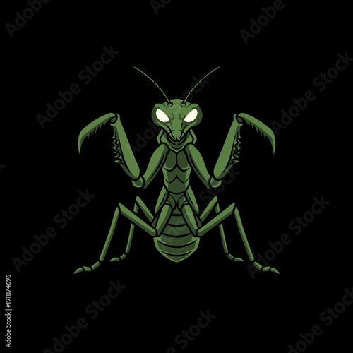 Green Praying Mantis Insect Illustration with Glowing Eyes.