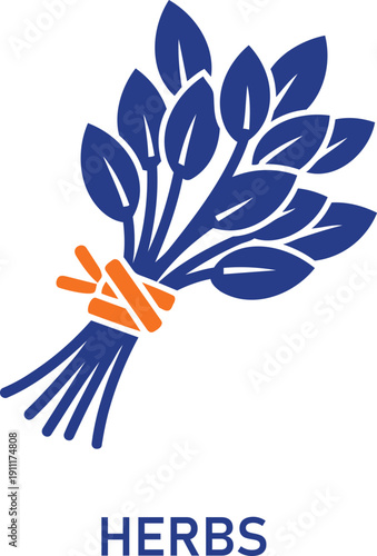 Bunch of fresh herbs tied with orange twine on white background blue leaves