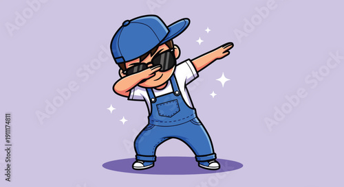 Cute Cartoon Boy Dabbing with Sunglasses and Cap Vector Illustration.