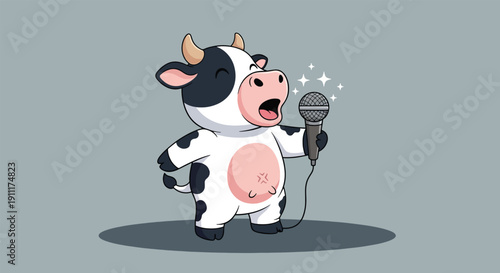 Cute Cartoon Cow Singing into a Microphone with Sparkles.