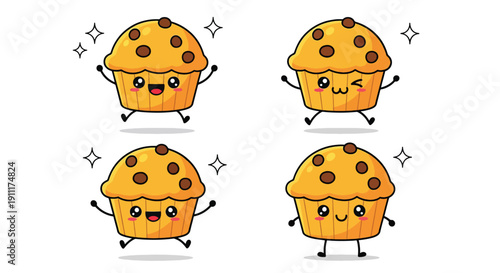 Cute cartoon chocolate chip muffin characters jumping with happy expressions.
