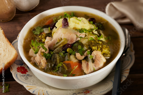 Chicken and vegetable stew with mashed potatoes.