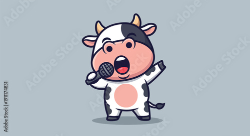 Cute Cartoon Cow Singing with Microphone.