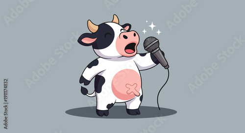 Cute cartoon cow singing into a microphone with stars.
