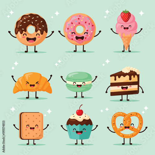 Cute cartoon desserts with happy faces and arms including donuts ice cream macarons cake and pretzel.