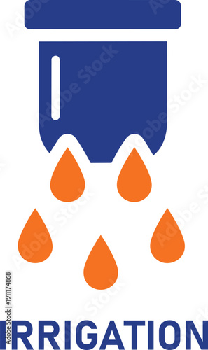 Irrigation system watering plants with blue sprinkler and orange droplets on white background