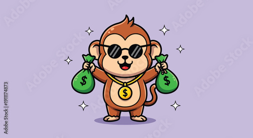 Cute cartoon monkey wearing sunglasses and holding money bags.