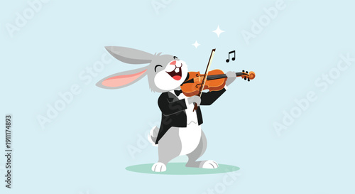 Cute cartoon rabbit playing the violin with joy Vector Illustration.
