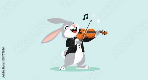 Cute cartoon rabbit playing the violin with joy.