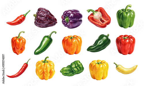 Watercolor colorful bell and chili peppers set