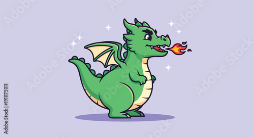 Cute Green Dragon Breathing Fire Cartoon Vector Icon Illustration.